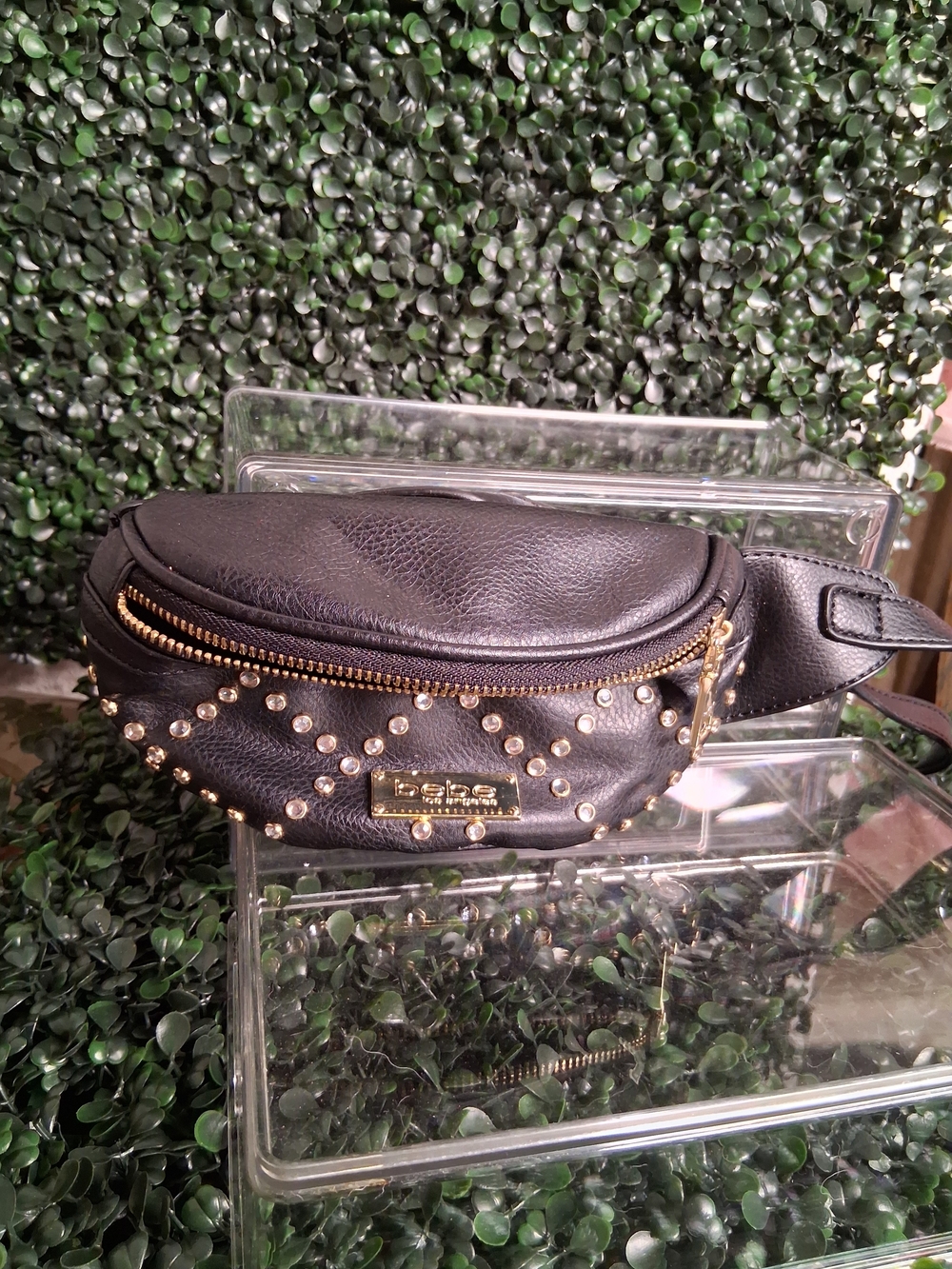 Black Studded Leather Belt Bag with Gold Hardware